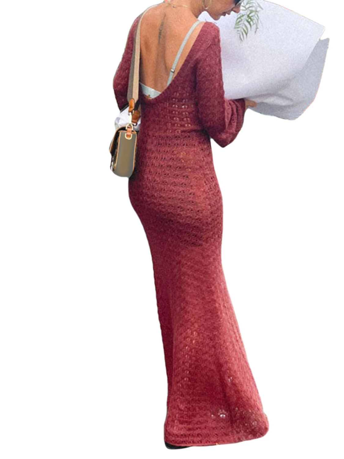 Ladies Summer Knitted Long Dress, See-through Hollow Beach Cover-Up