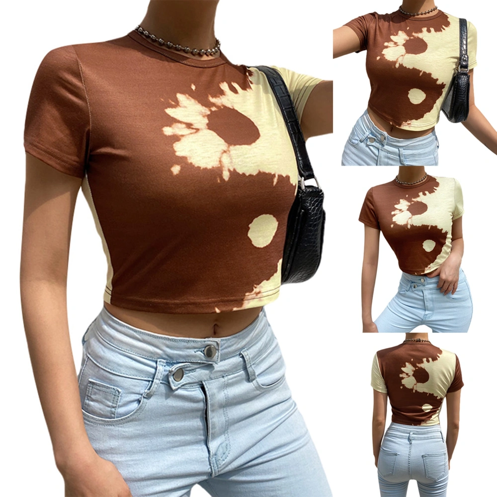 Women's Round Neck Short Sleeve Yin Yang Graphic Slim Fit Crop Tops