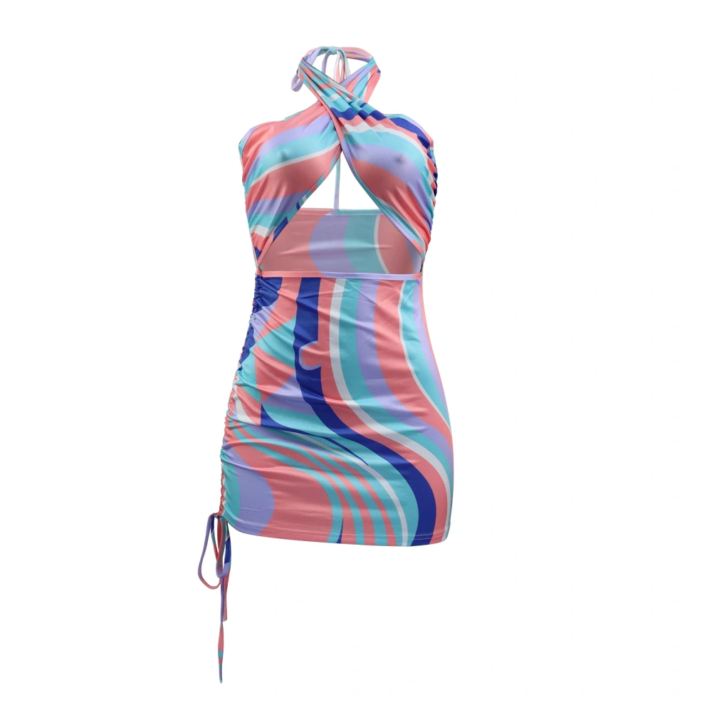 Female Dress, Striped Halter Neck Sleeveless Hollow Out One-Piece