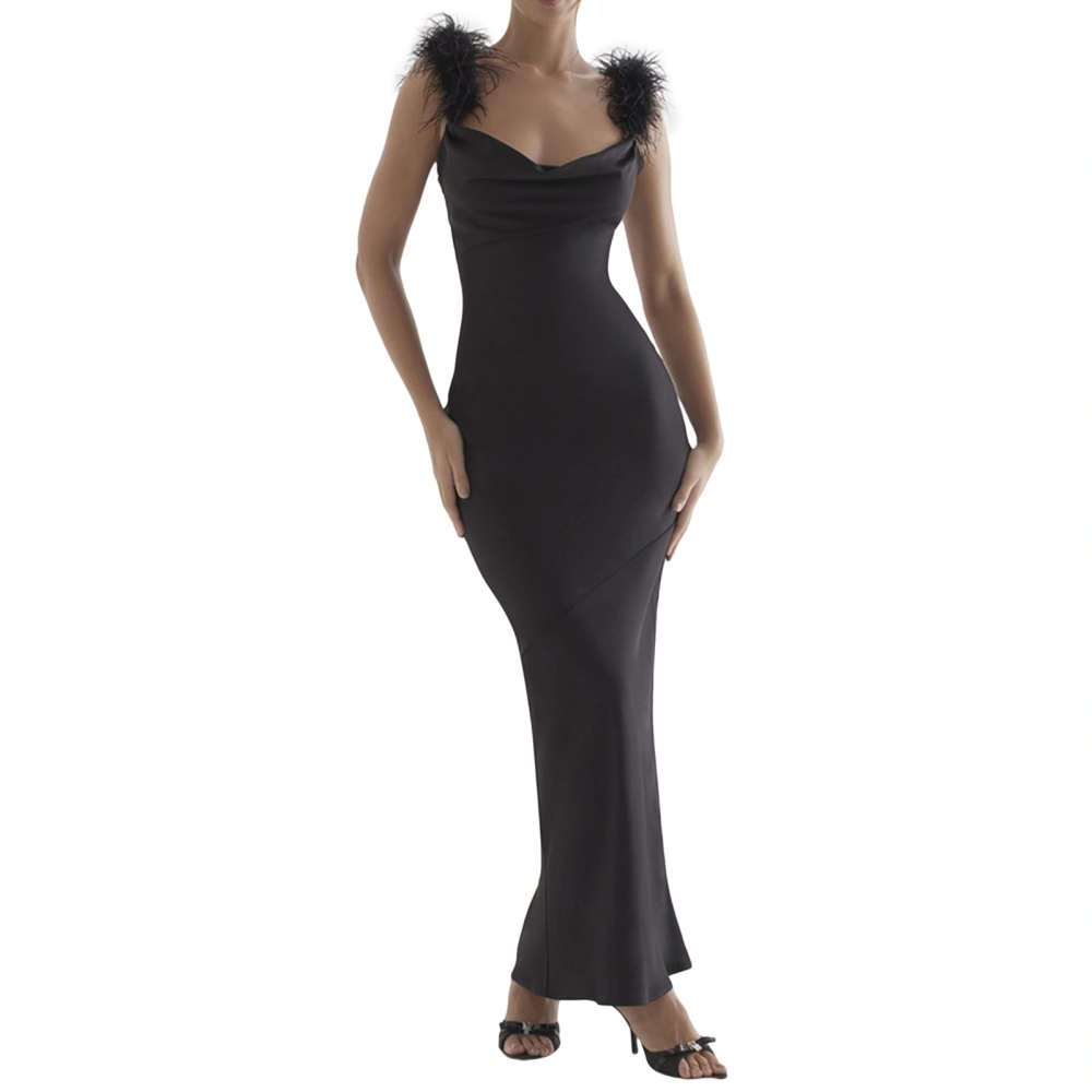 Women's Summer Black Sleeveless Feather Shoulder Strap Evening Dress