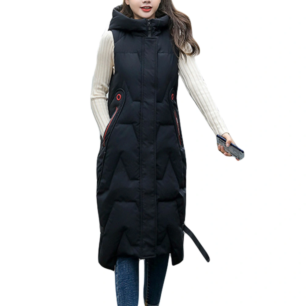 Women's Winter Mid-Length Waistcoat, Hood Zipper Puffer Down Vest