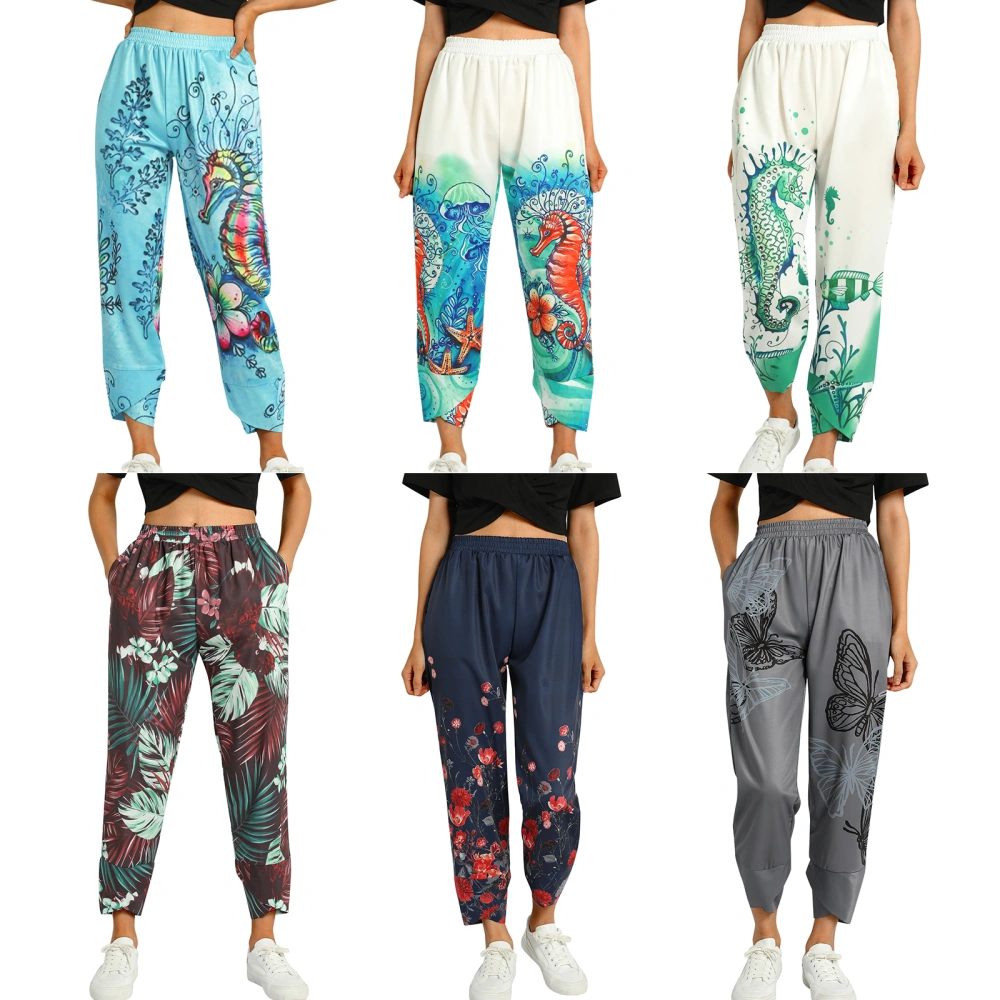 Female Loose Pants, Adults Floral Print High Waist Straight-Leg Pants