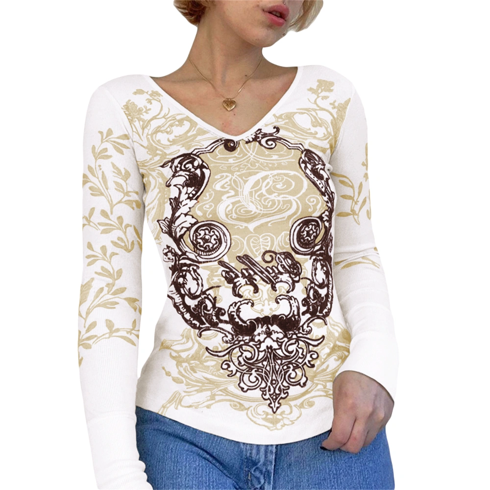 Women's Slim Fit T-shirt, Leaf Vintage Pattern Long Sleeve V-Neck Tops