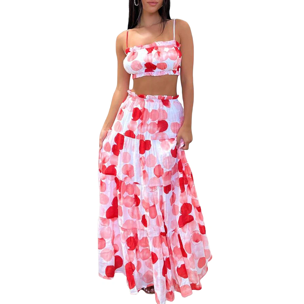 Women Skirt Set, Solid/Circle/Floral Print Camisole + Long Skirt