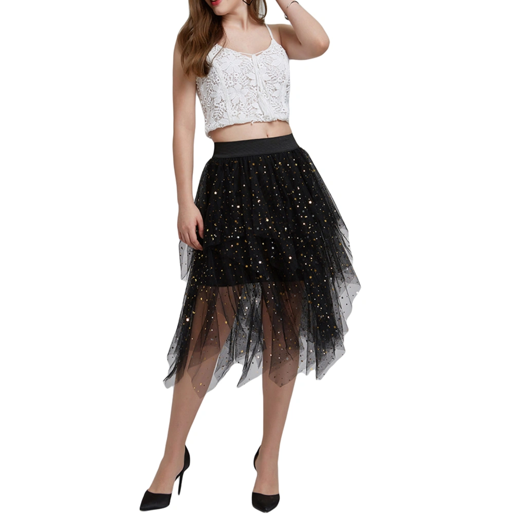 Women Tulle Skirt, Elastic Waist Sequined Stars Irregular Midi Skirt