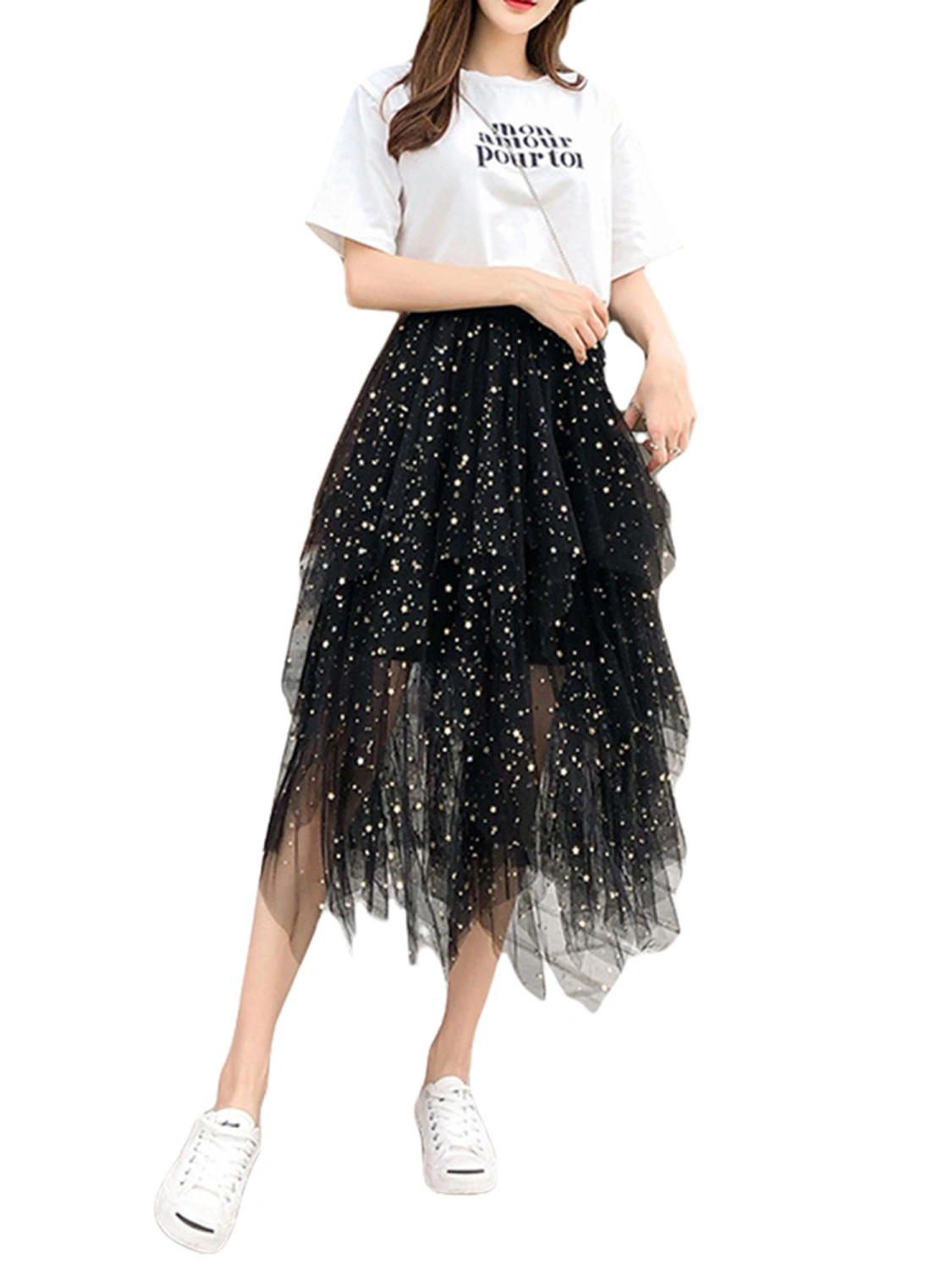 Women Tulle Skirt, Elastic Waist Sequined Stars Irregular Midi Skirt