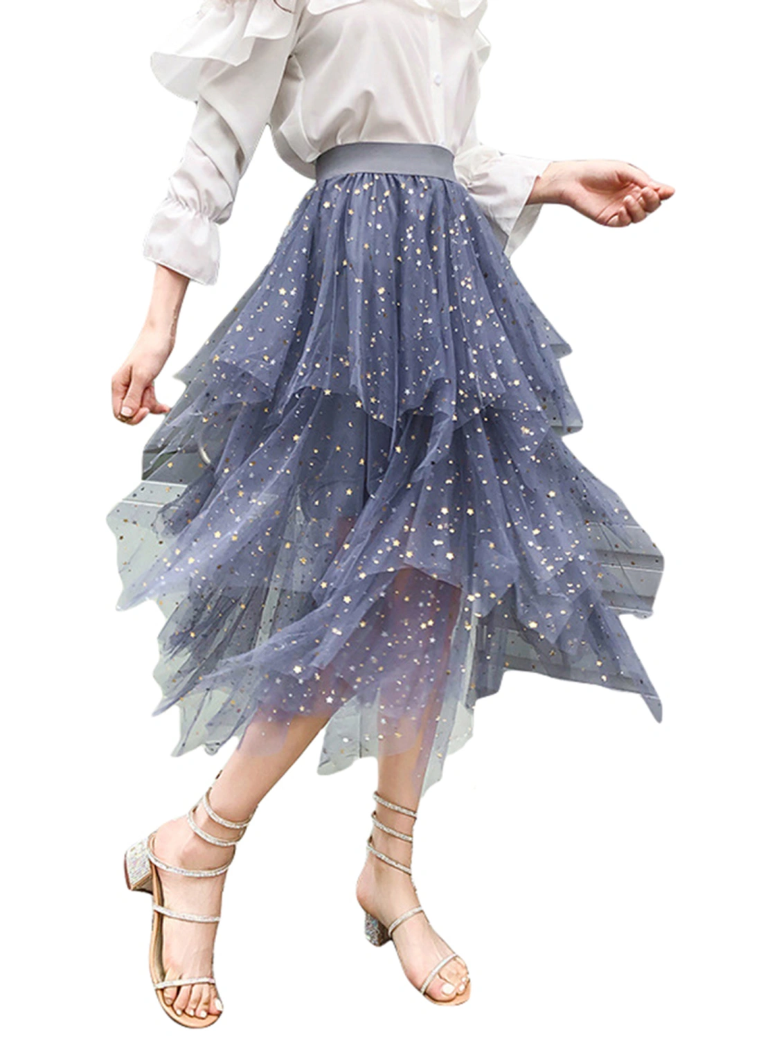 Women Tulle Skirt, Elastic Waist Sequined Stars Irregular Midi Skirt