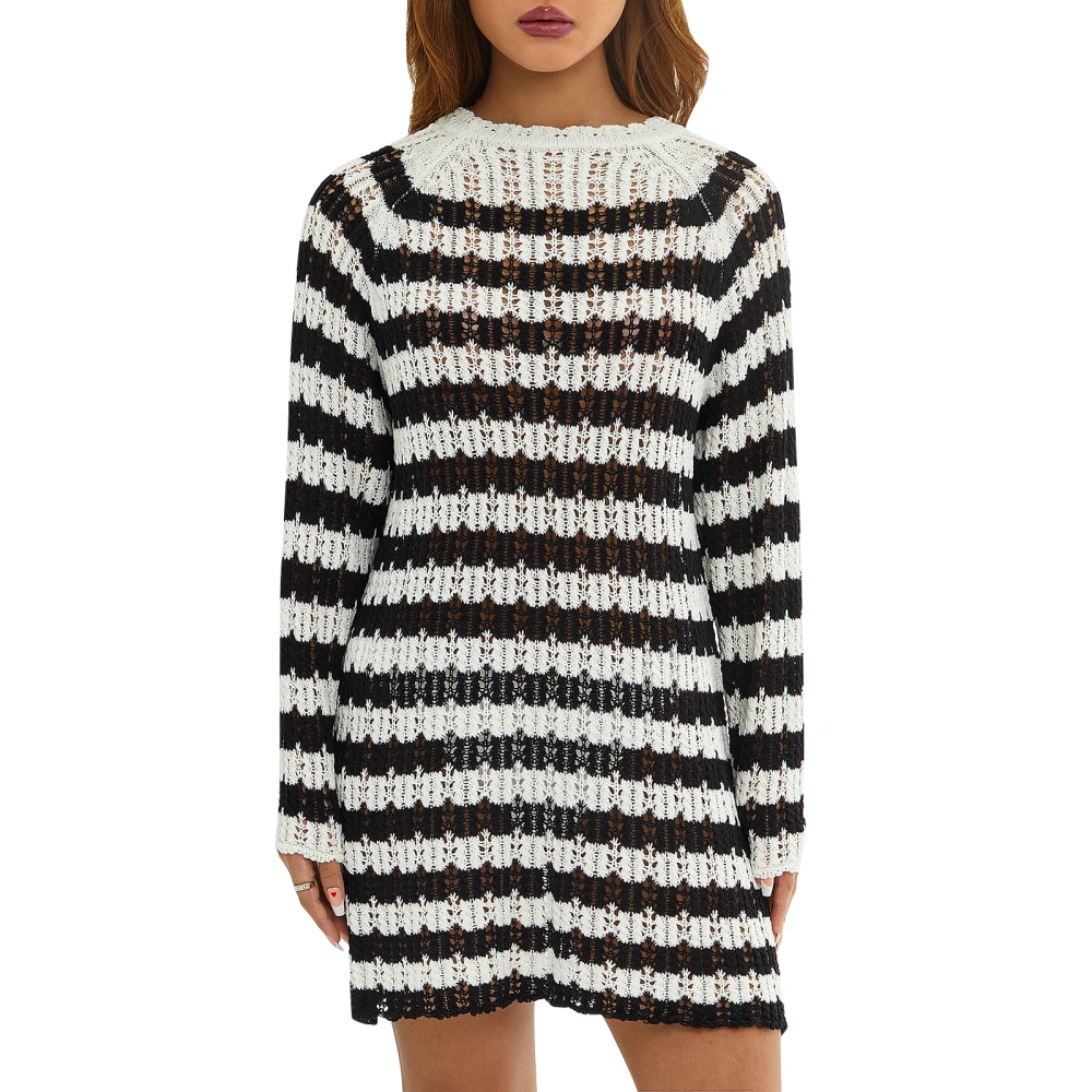 Women Knit Dress, Long Sleeve Crew Neck Striped Loose Mini Dress