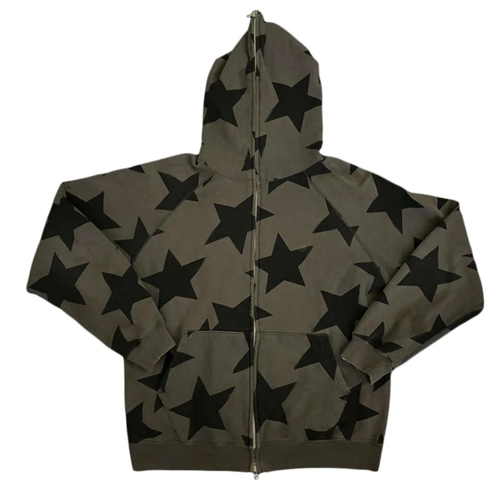 Women Hooded Jacket, Five-pointed Star Print Zip Up Baggy Coat