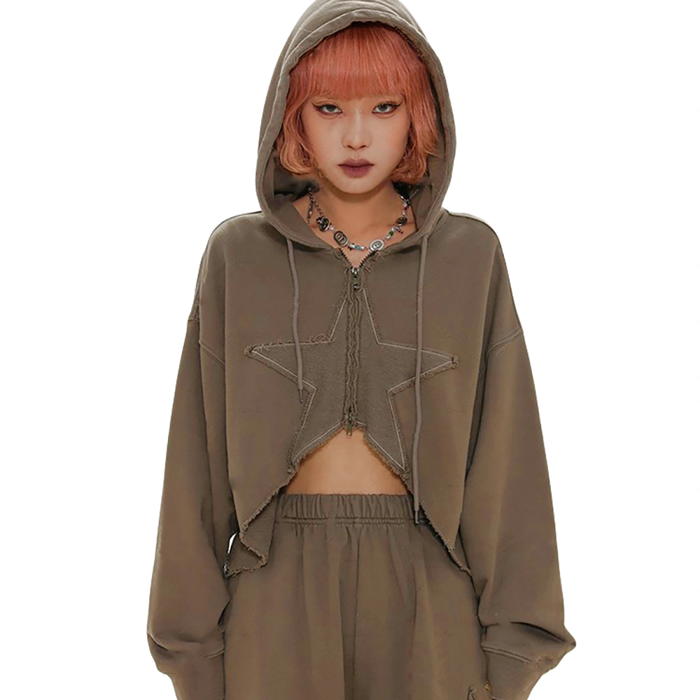 Women's Hooded Coat, Star Patchwork Zip-Up Irregular Hem Outerwear