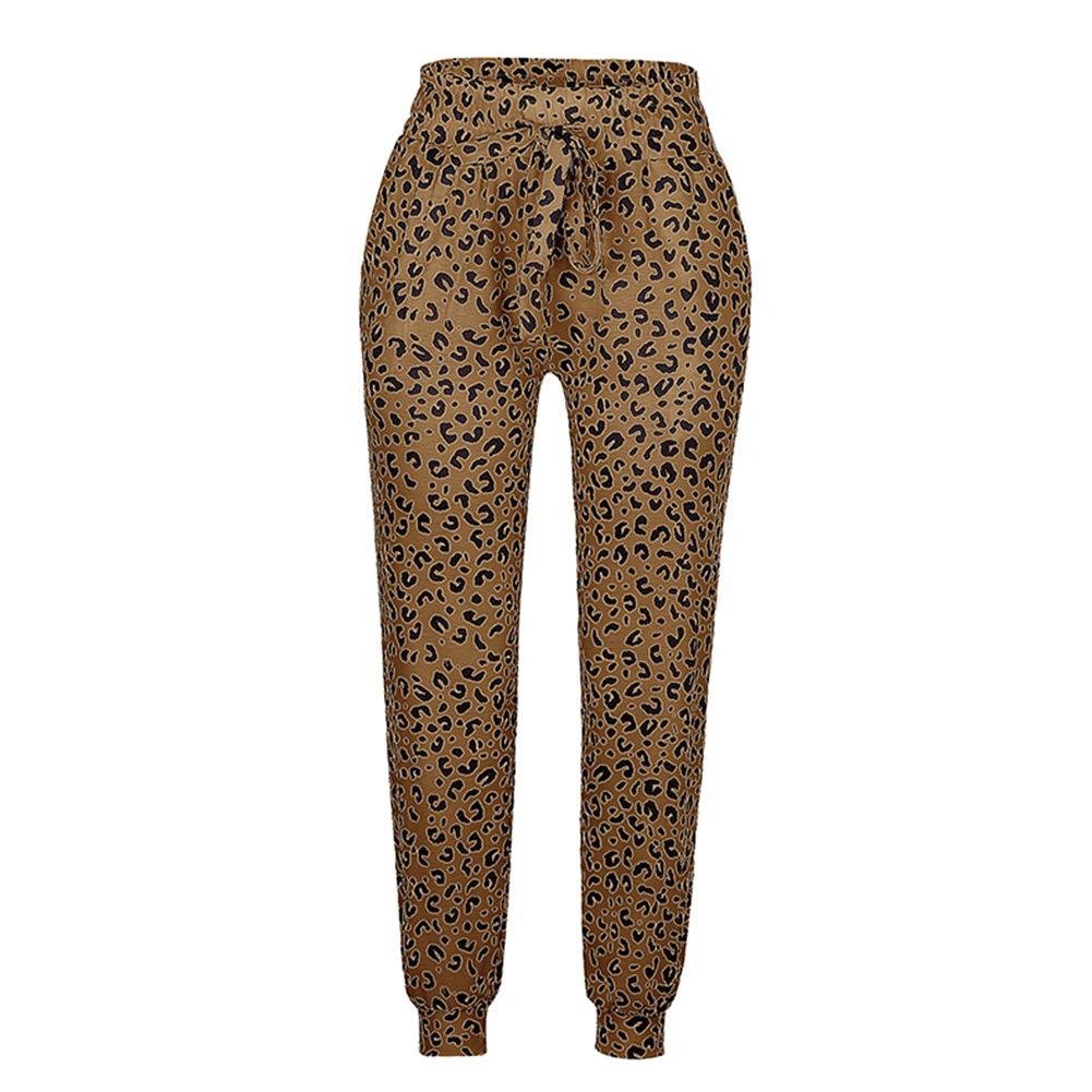 Women Loose Leopard Printed Lace-up Waist Long Pants with Pockets