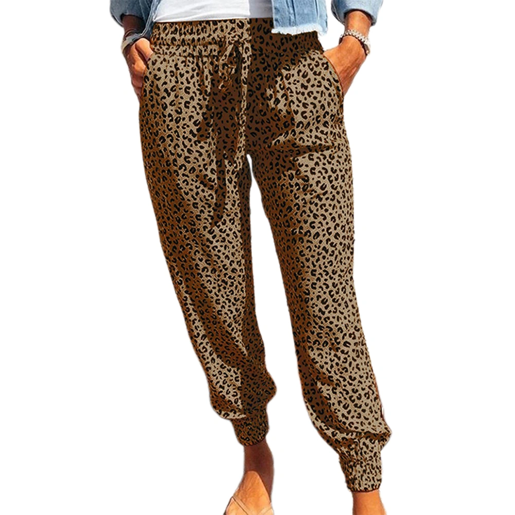 Women Loose Leopard Printed Lace-up Waist Long Pants with Pockets
