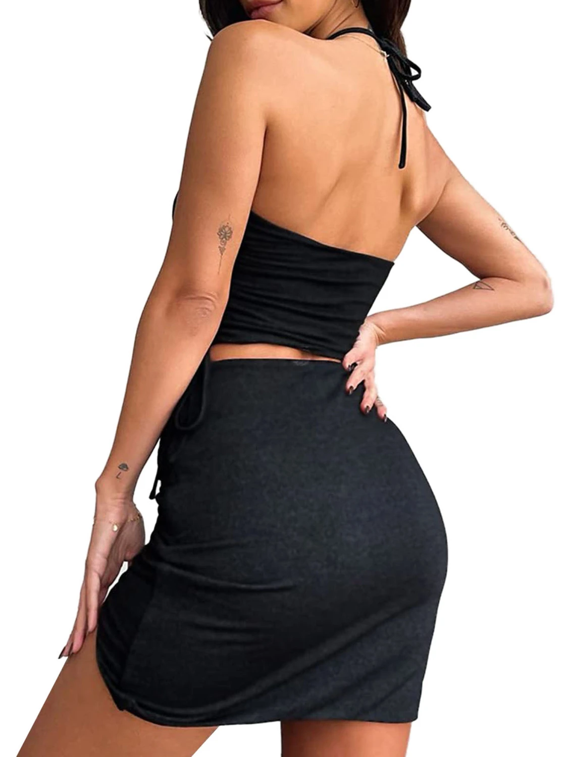 Women Close-fitting Skirt, Solid Color Low Elastic Waist Slit Dress