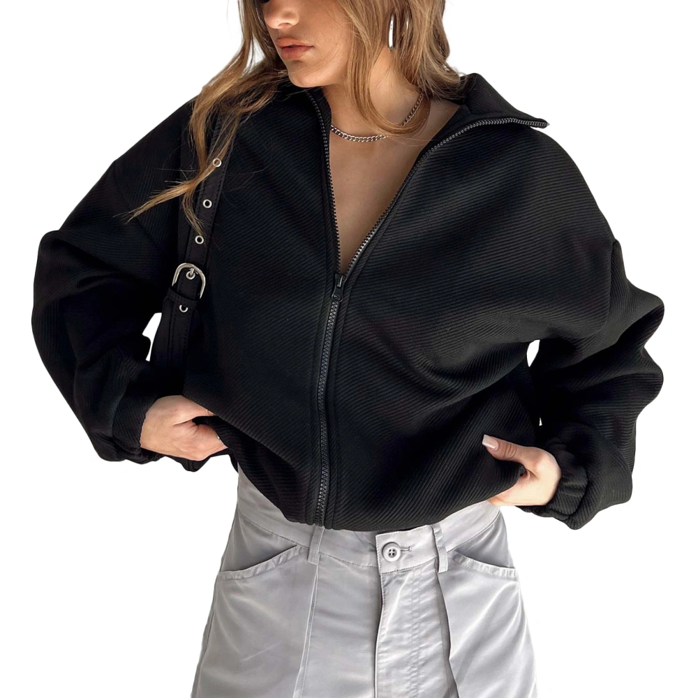 Female Solid Color Turn-Down Collar Long Sleeve Jacket with Zipper