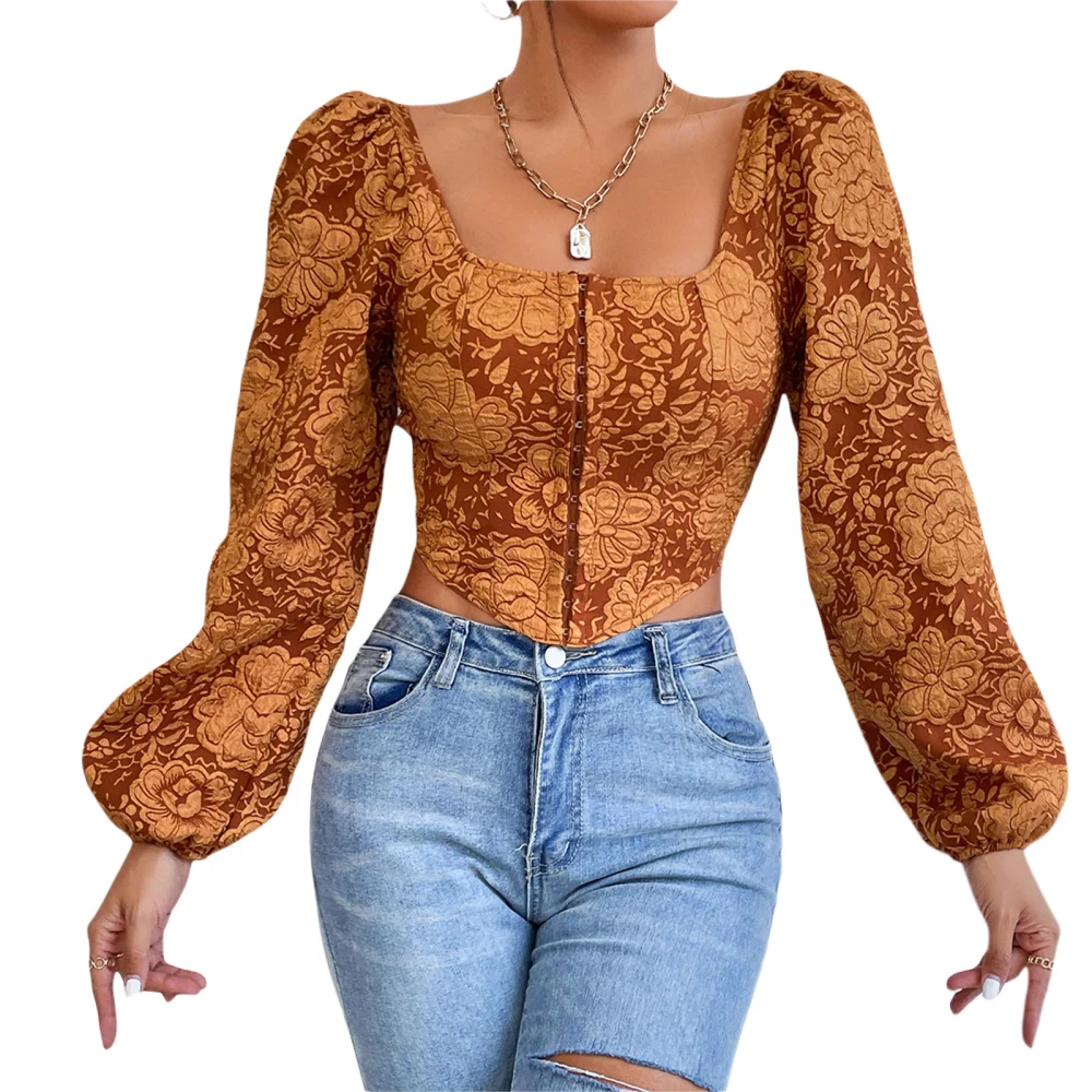 Women Crop Tops Long Sleeve Square Neck Retro Floral Buckles Shirt 