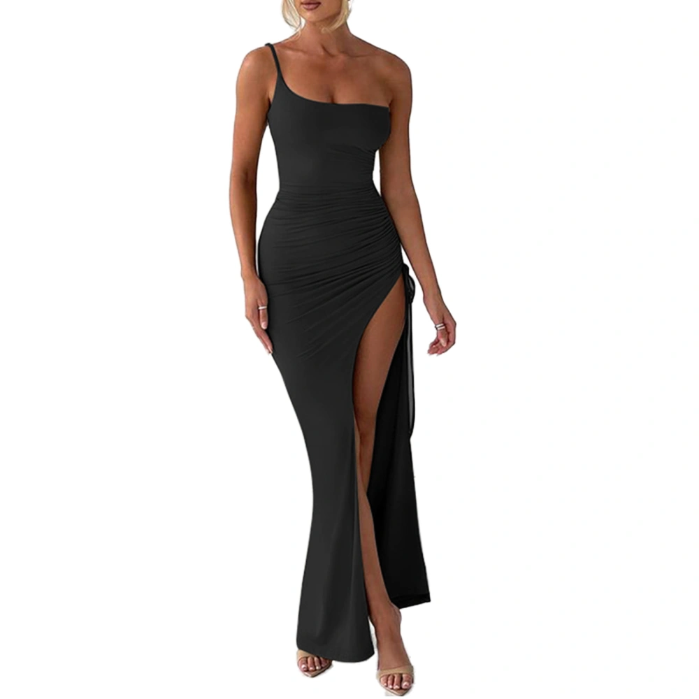 Women's High Split Long Dress, One Shoulder Spaghetti Strap Dress