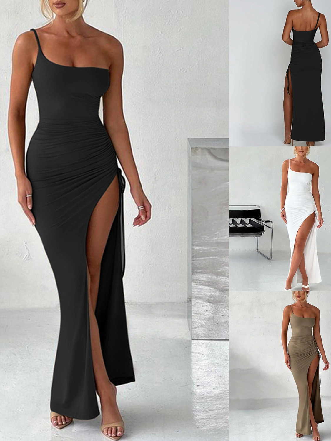 Women's High Split Long Dress, One Shoulder Spaghetti Strap Dress