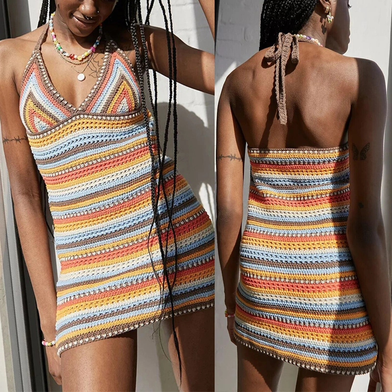 Women's Halter Sleeveless Color Block Crochet Bodycon Mini Dress