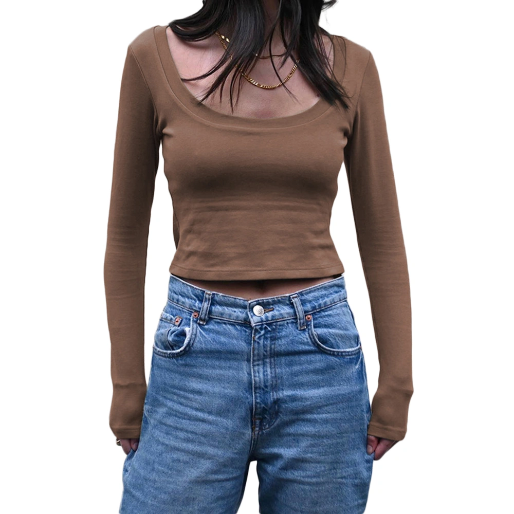 Women's Autumn Slim Solid Color U-Neck Long Sleeves Reversible Tops