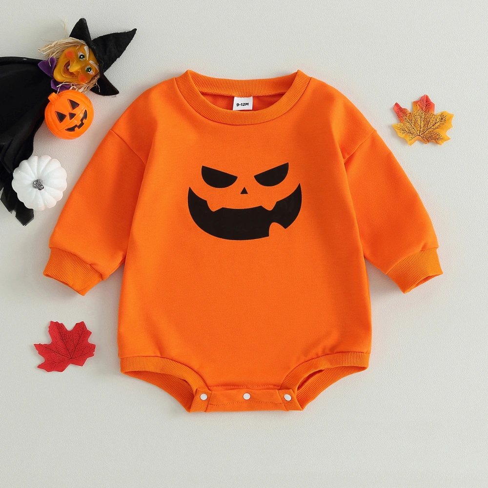 Baby Halloween Romper Long Sleeve Pumpkin Face Print Bodysuit