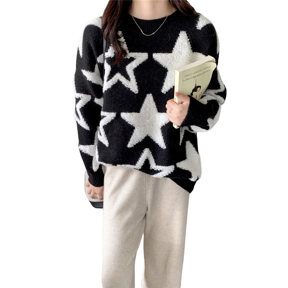 Women's Round Neck Sweaters, Star Print Long Sleeve Knit Pullover Tops