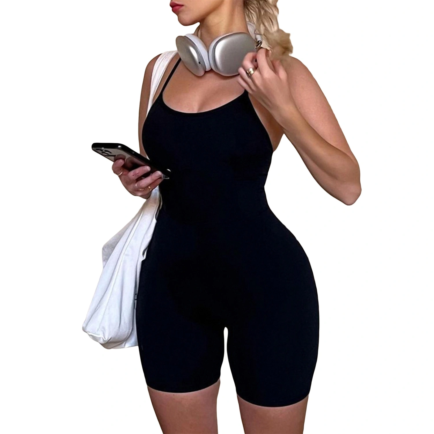 Women Short Jumpsuit Spaghetti Straps Backless Solid Slim Fit Playsuit