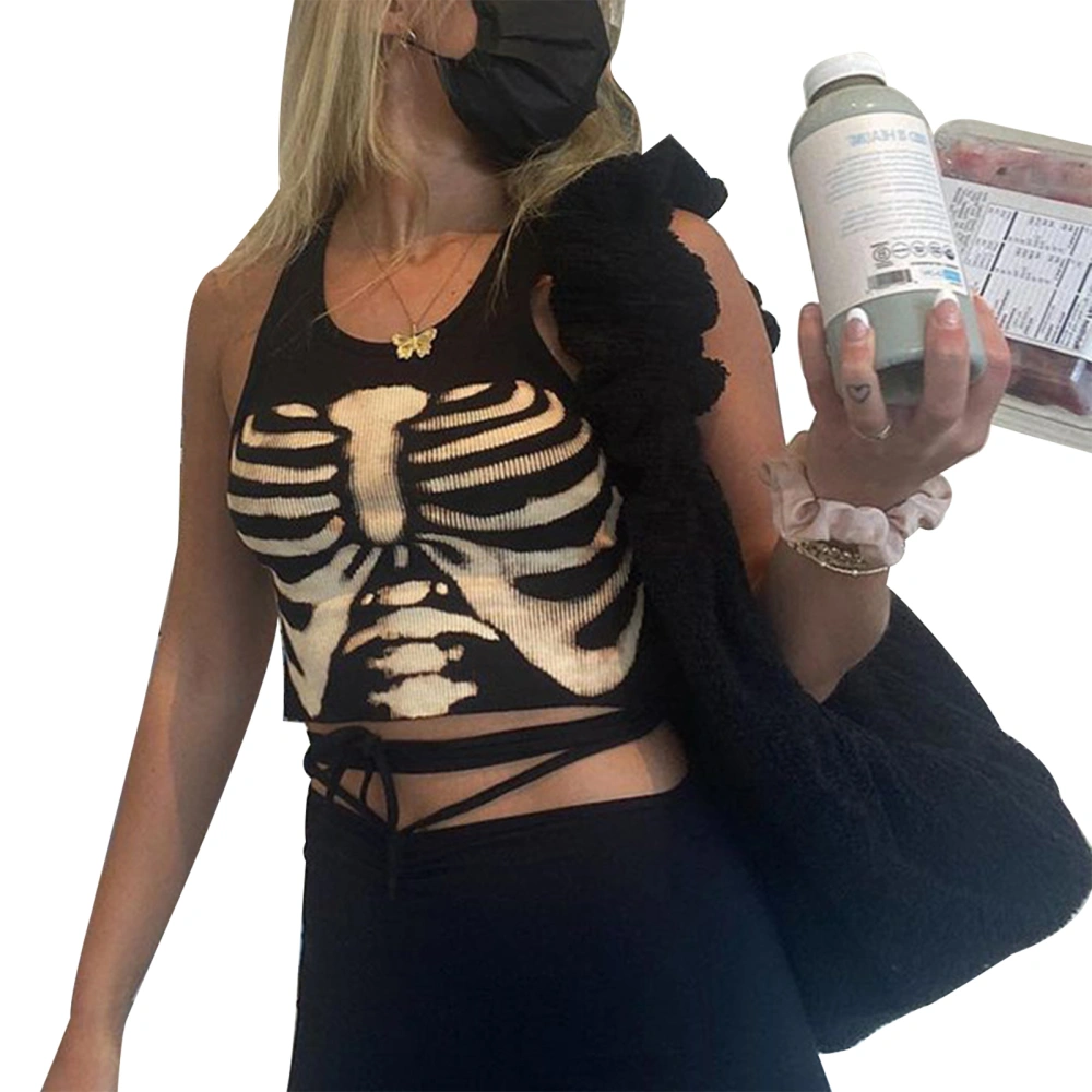 Women's Rib Knit Tank Tops, Sleeveless Skeleton Print Crop Tops