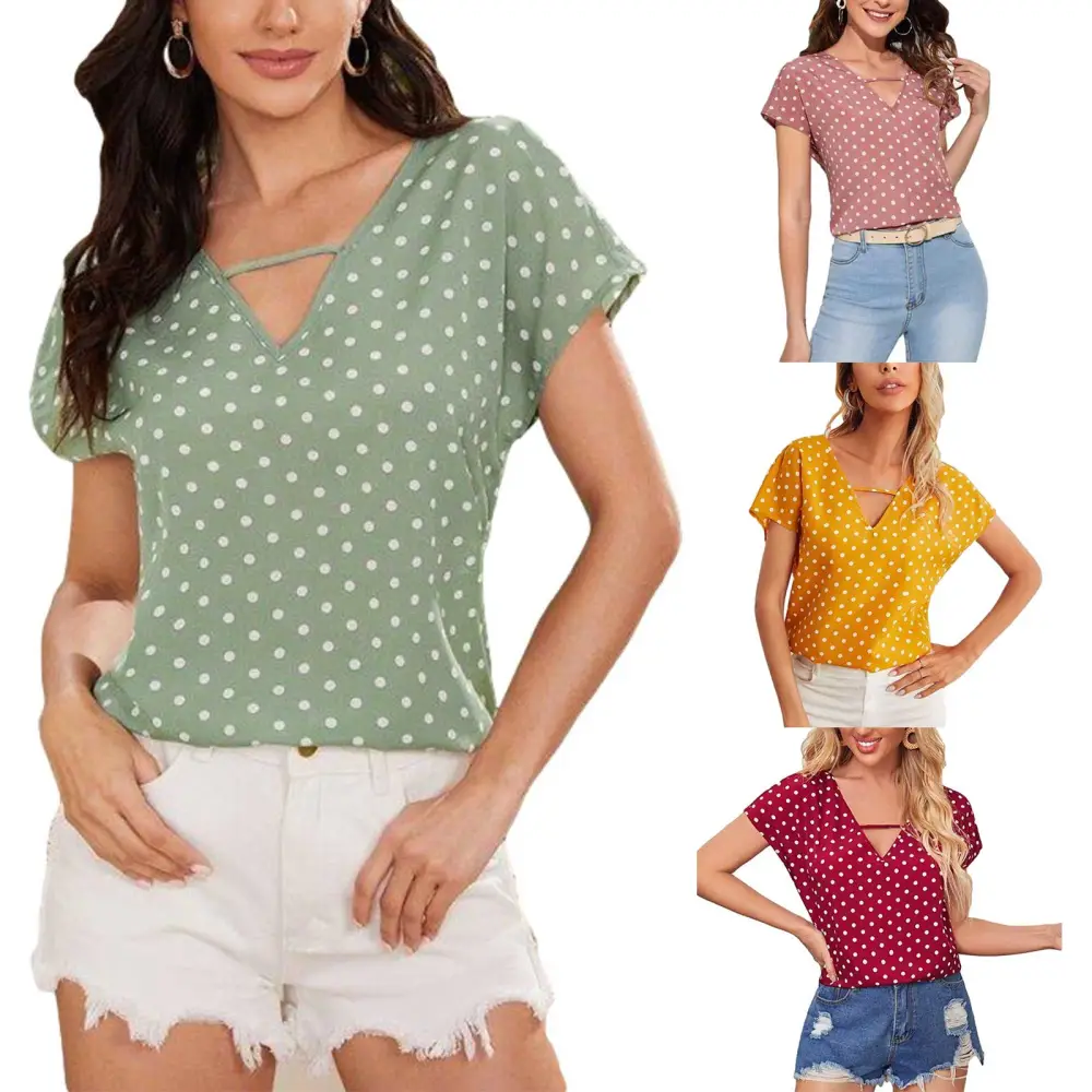 Women Fashion V-neck Polka Dot T-shirt Stylish Short Sleeve Tops