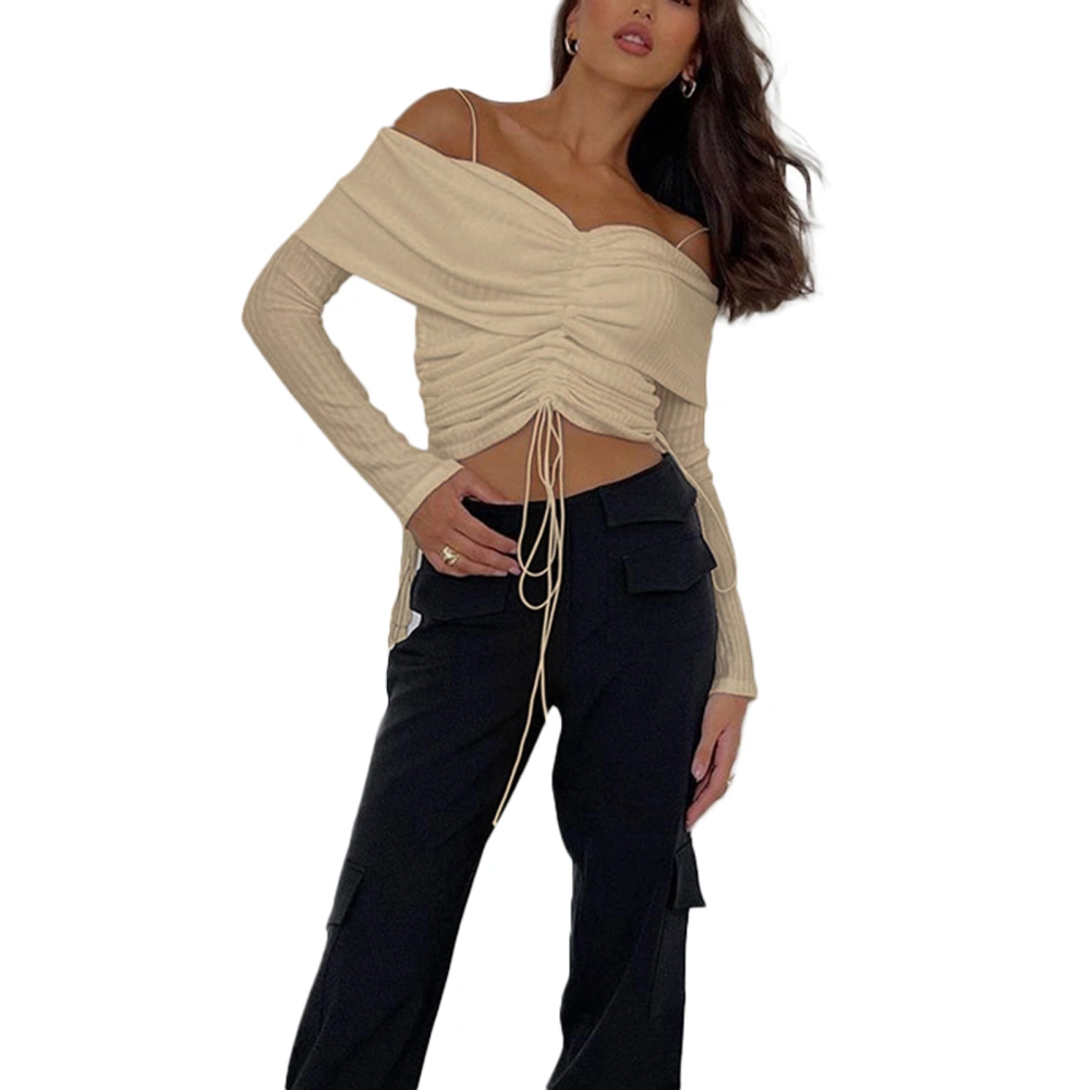 Women Crop Top, Long Sleeve Off-shoulder Pleated Drawstring Tops