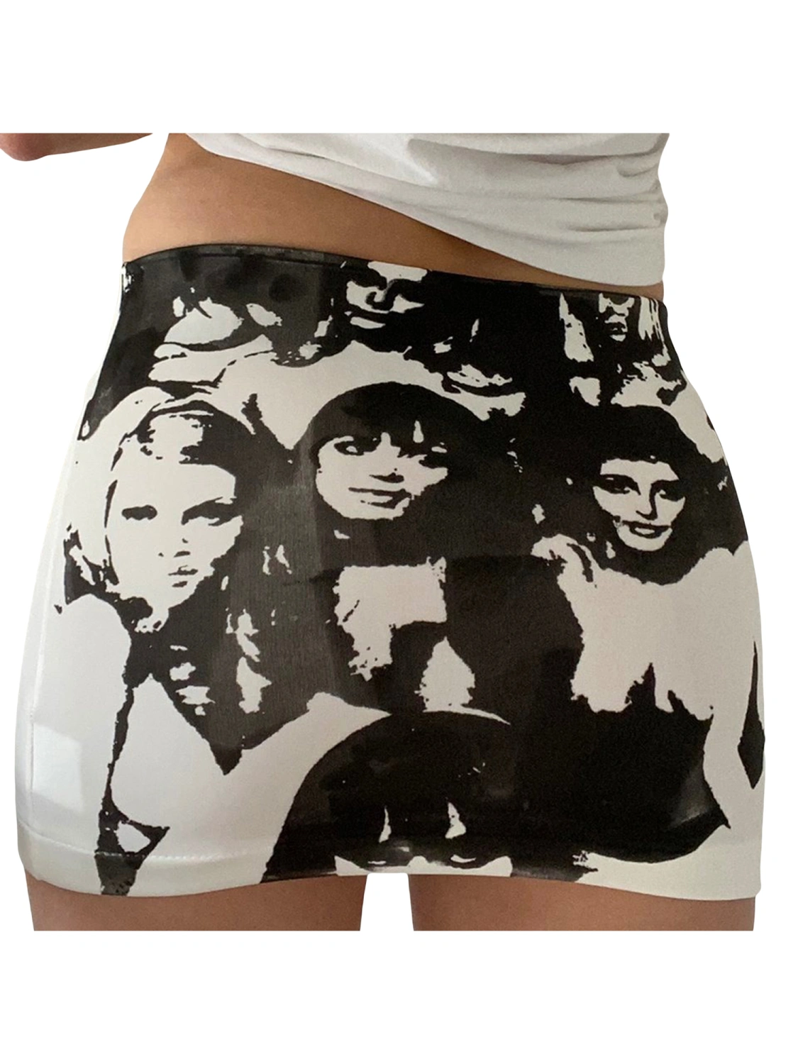 Women's Bodycon Mini Skirt, Stylish Portrait Print High Waist Skirt