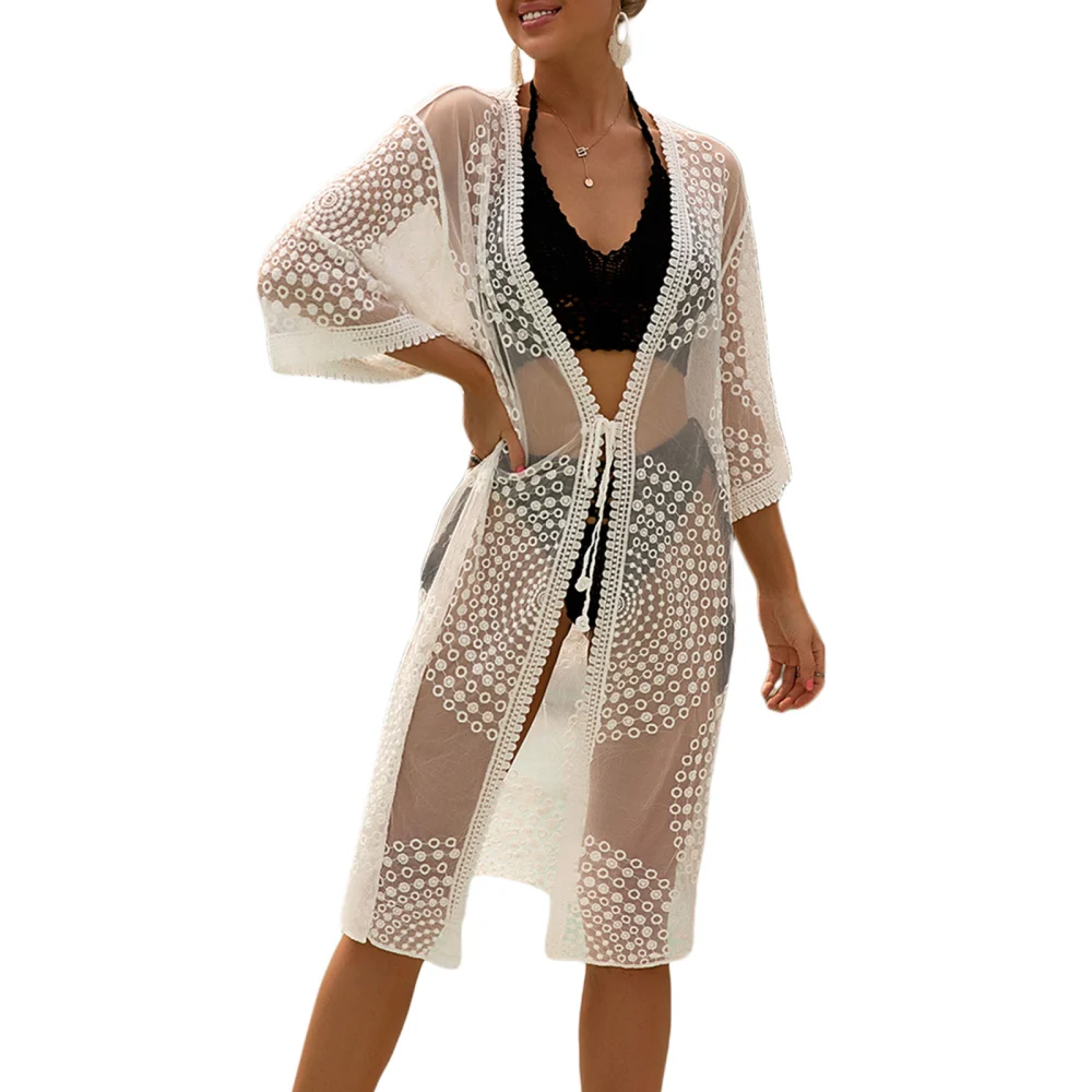 Women's Swimsuit Cover Ups, Long Sleeve Sheer Lace Trim Crochet Kimono