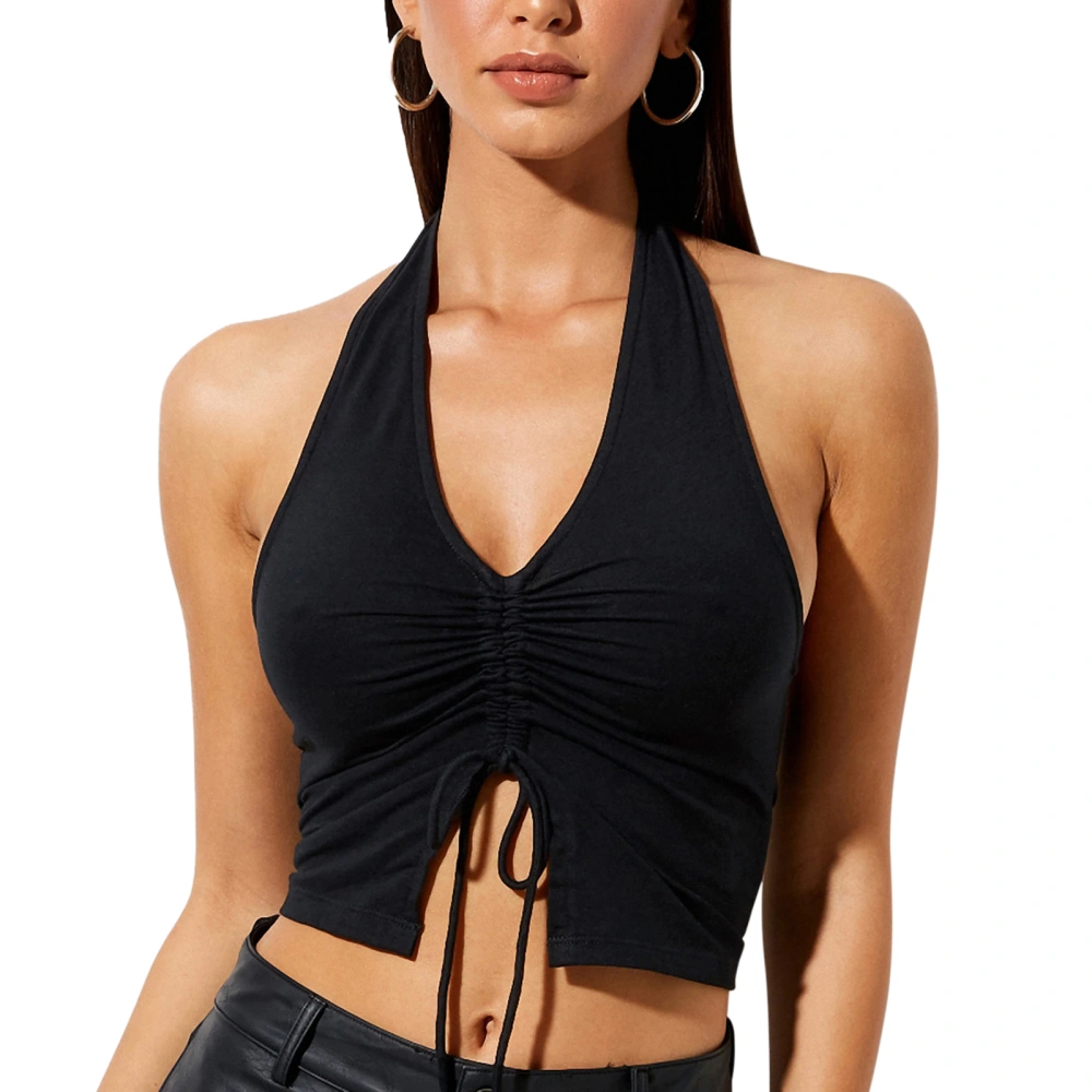 Women's Solid Color V Neck Elastic Bust Halter Vest Crop Tops