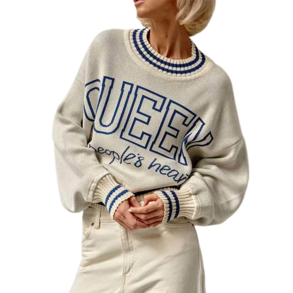 Women Casual Knitted Sweater, Long Sleeve Stripe Letter Pullover Tops