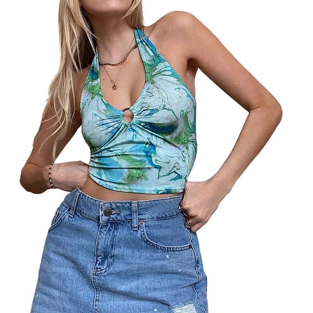 Women Halter Crop Tank Tops, Sleeveless Ring Front  Tie Dye Camisole