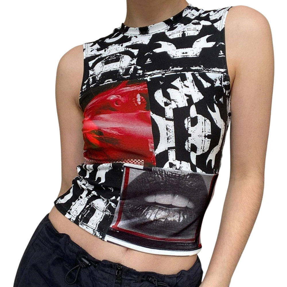 Women Tank Tops, Lips Geometric Print Sleeveless Round Neck Crop Tops