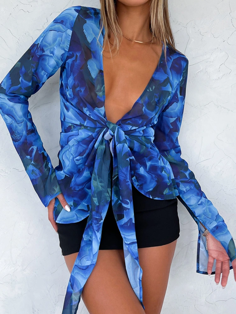 Women Long Sleeve Chiffon Shirt Elegant Floral Print Bandage Cardigan