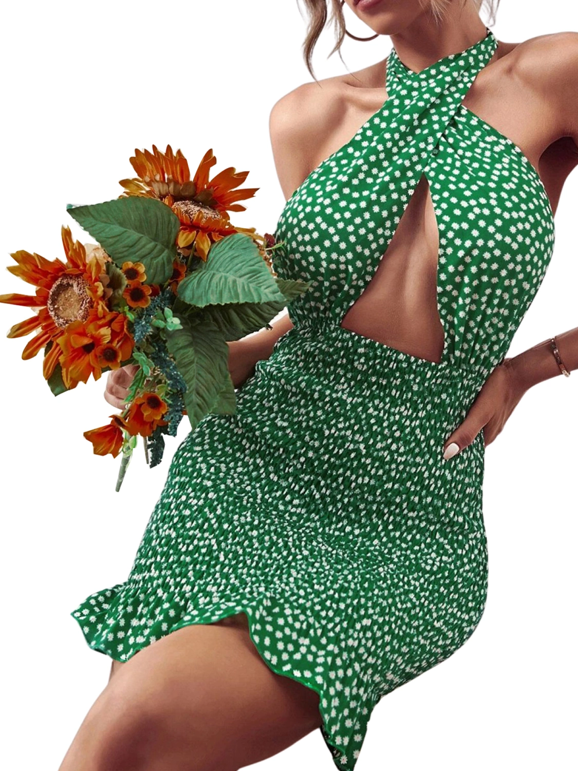 Women Close-fitting Backless Dress, Halter Neck Hollow Out Skirt