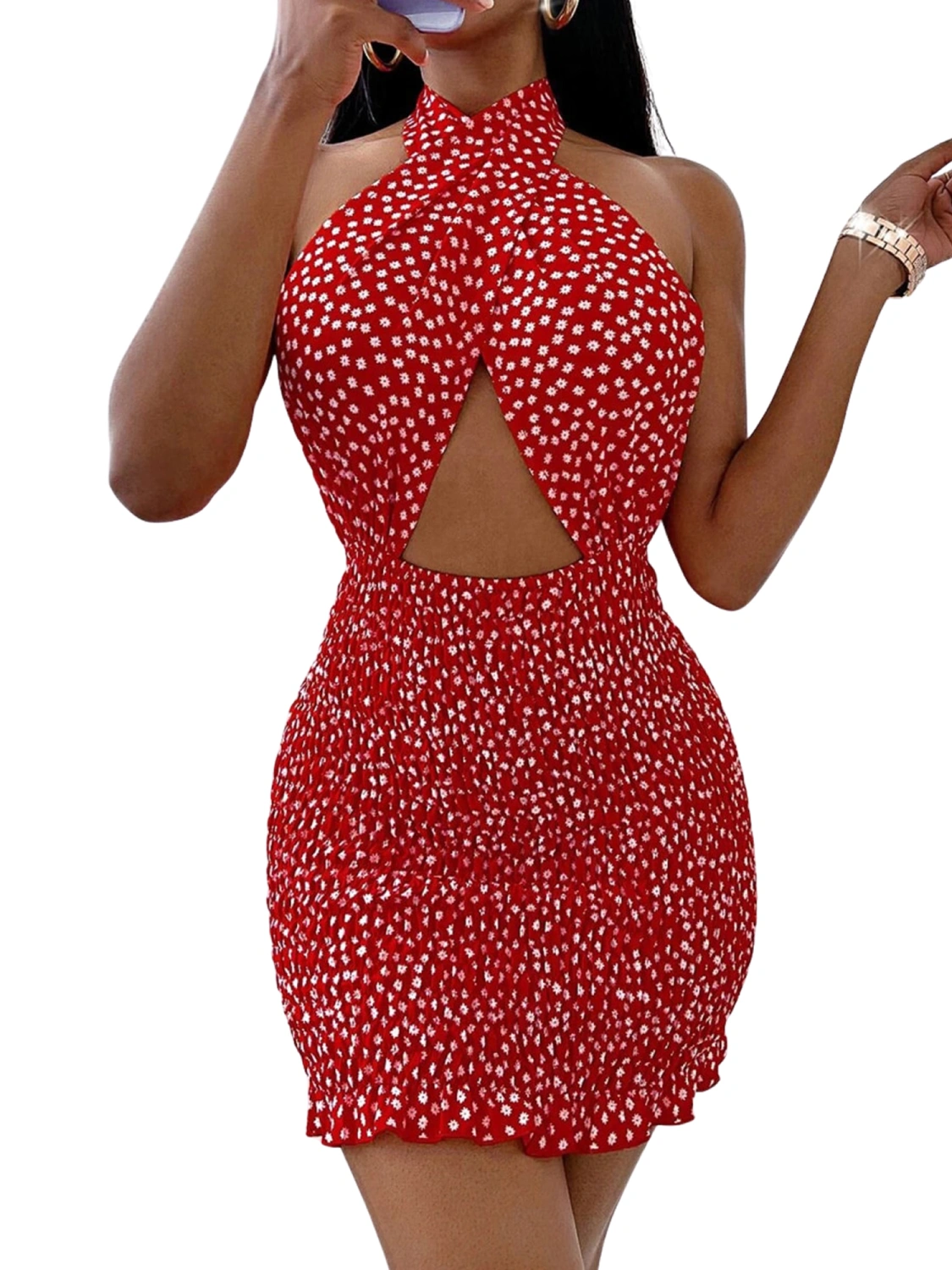 Women Close-fitting Backless Dress, Halter Neck Hollow Out Skirt