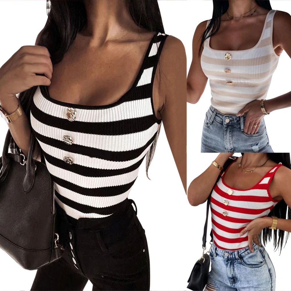 Women's Button Front Tank Tops, Striped Print Rib Knit T-Shirts