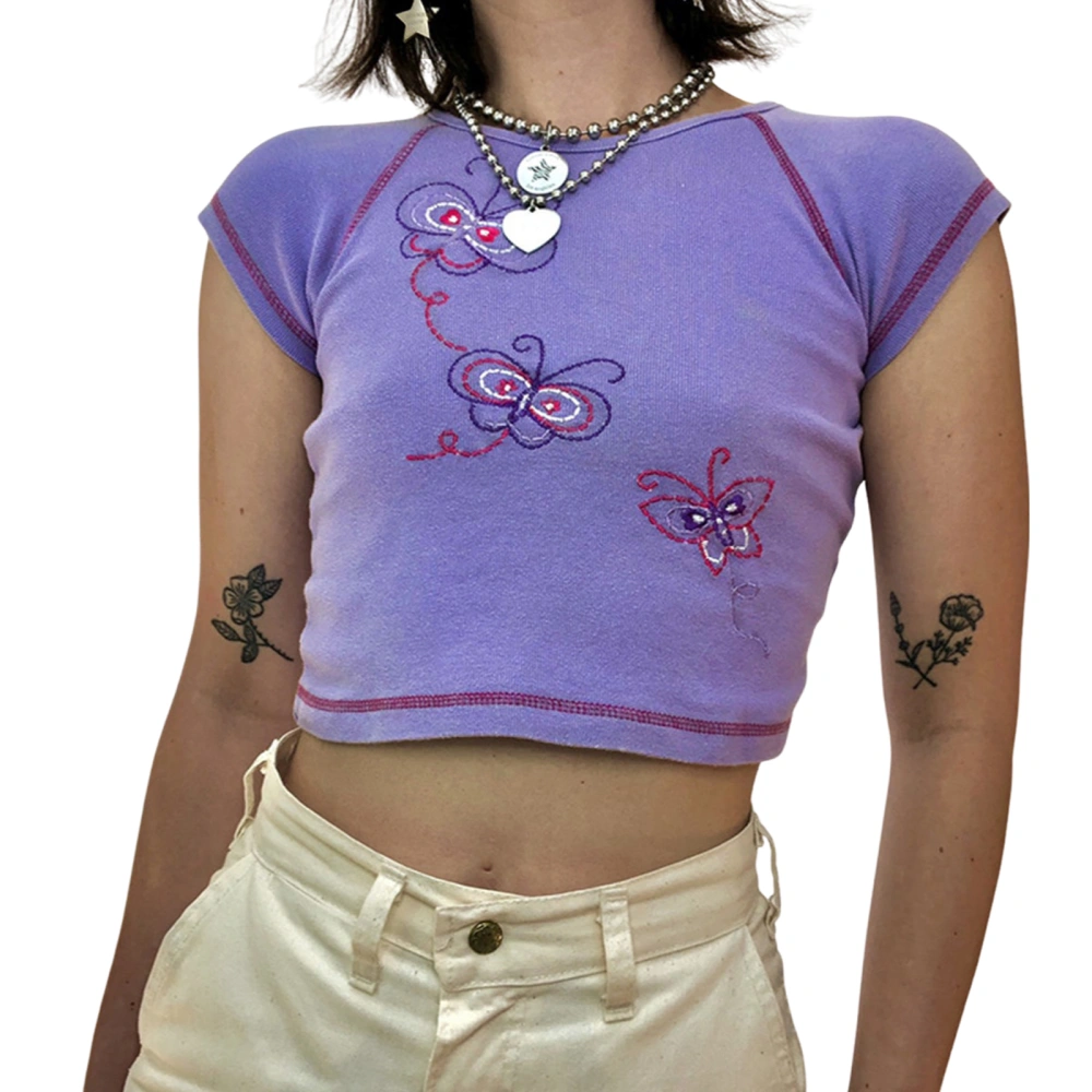 Ladies Round Collar T-shirt, Short Sleeve Midriff-baring Tops