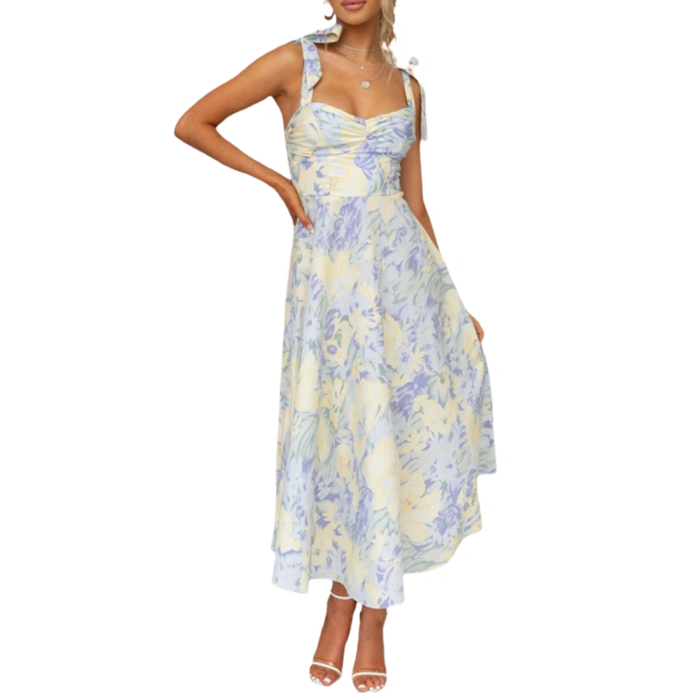 Women Sling Dress, Sleeveless Low-cut Tie-up Flower Print Long Dress