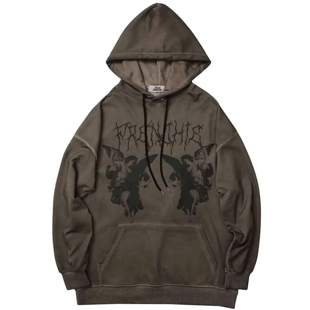 Unisex Hooded Sweater, Angel Print Sweatshirt with Pocket, Drawstring