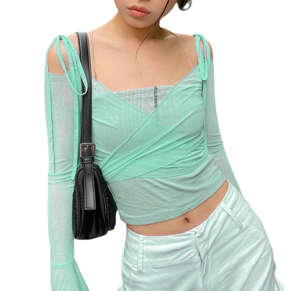 Women’s Solid Color Mesh Yarn Exposed Navel Trumpet Sleeve T-shirt