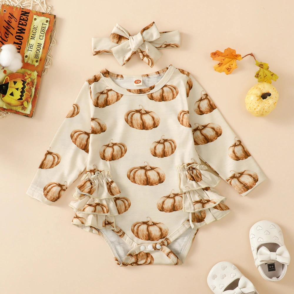 Infant Baby Halloween Jumpsuit with Bow Headband Pumpkin Print Round Neck Long Sleeve Ruffled Romper Toddler Clothes