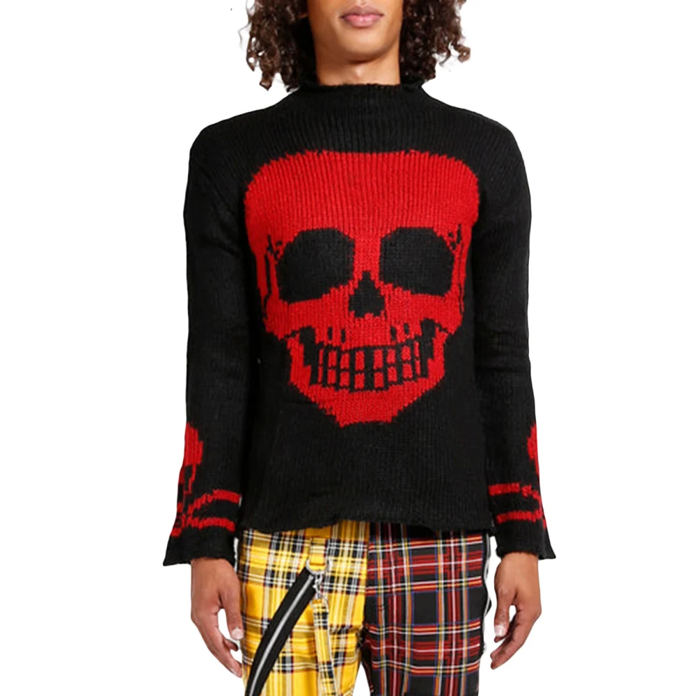 Women Casual Sweater, Skull Pattern Crew Neck Long Sleeve Knitwear