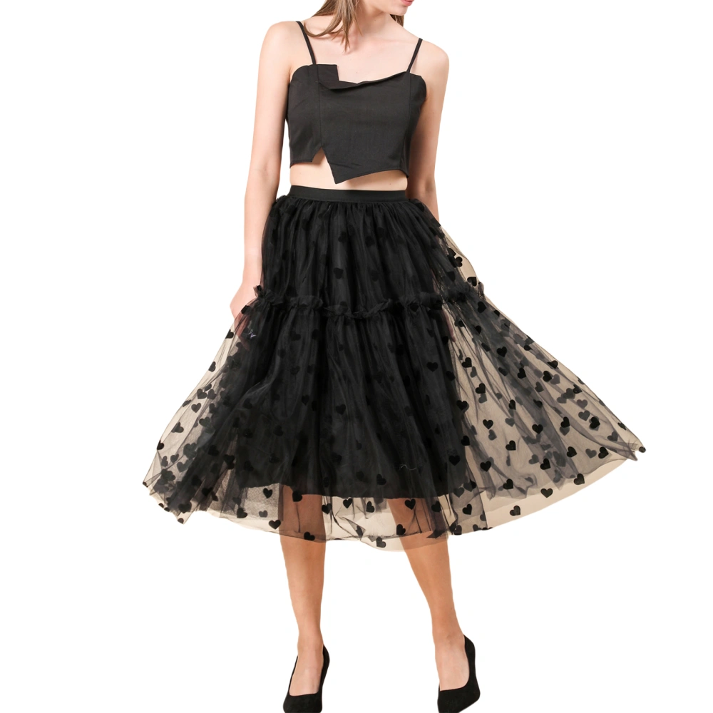 Women Midi Skirt, Elegant Elastic Waist Heart Summer Tulle Skirt