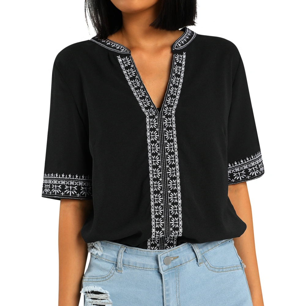 Women Summer Jumper, Ethnic Embroidery Stitching V-Neck Casual Blouse