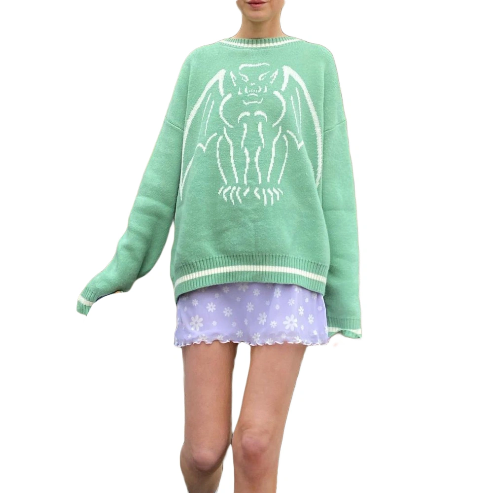 Women's Round Neck Long Sleeve Animal Monster Print Loose Sweaters