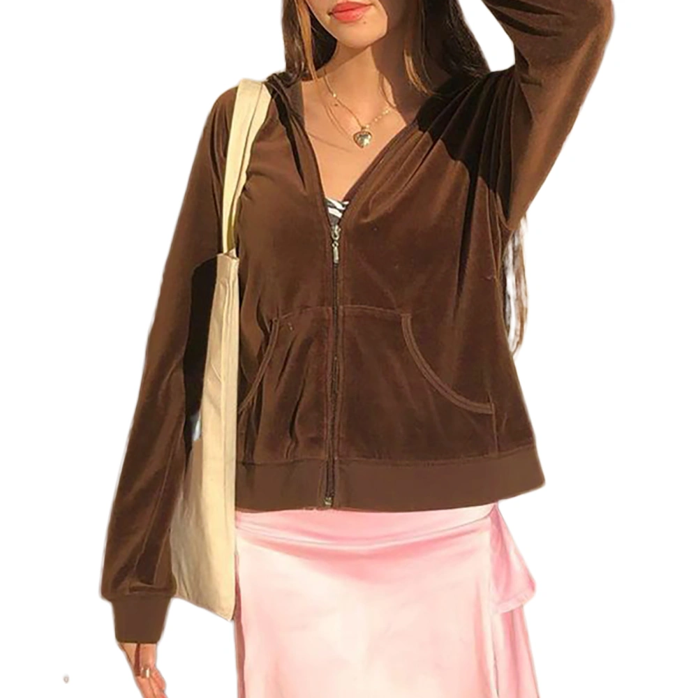 Female Coat, Solid Color Long Sleeve Hooded Outerwear with Pockets