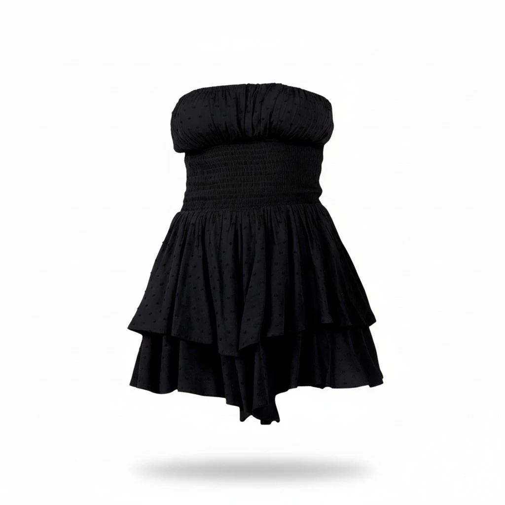 Women Mini Dress Solid Color Swiss Dot Strapless Wrap Chest Dress